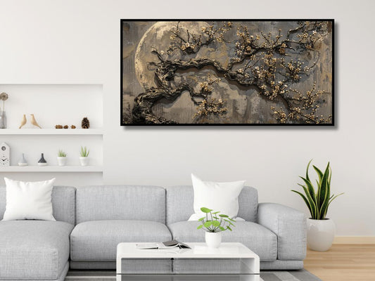 Ancient gold plum tree blossoms full moon, moon night with butterfly mural background: Wall Paintings by Creative Decor