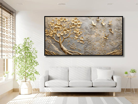 Abstract artistic background flowers branches gold canvas painting, brush oil painting, modern art ink alcohol can be used, wall decoration, wallpaper murals, ai generated illustration: Wall Paintings by Creative Decor