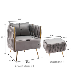 Doe Buck Velvet vegan Accent Chair with ottoman /Lounge Chair for Living Room, Bedroom, Armchair Sofa Chair with Gold Legs.