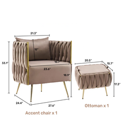 Doe Buck Velvet vegan Accent Chair with ottoman /Lounge Chair for Living Room, Bedroom, Armchair Sofa Chair with Gold Legs.