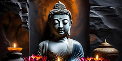 "Buddha Statue with Rock Wall Background - Serene Home Decor"