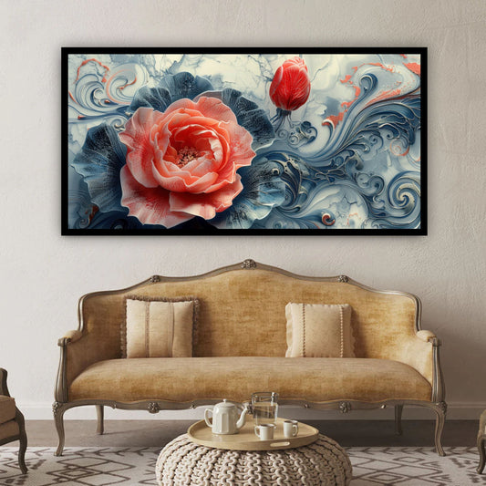 3D Flower Wall Painting | Unique Home Accent | Drawing Room Wooden Framed Digital Painting