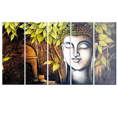Meditating Peaceful Buddha Wooden Framed 5 Pieces Panel Spiritual Canvas Wall Painting for Living Room, Bedroom, Office Wall Decoration (24" x 8" Each Panel)