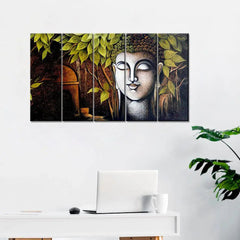 Meditating Peaceful Buddha Wooden Framed 5 Pieces Panel Spiritual Canvas Wall Painting for Living Room, Bedroom, Office Wall Decoration (24" x 8" Each Panel)