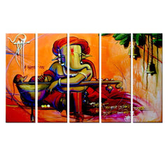Multiple Wooden Framed Beautiful Lord Ganesha Modern Art Set of 5 Pieces Canvas Painting for Living Room, Bedroom, Office Wall Decoration (24" x 8" Each Panel)
