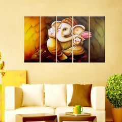 Lord Ganesha Canvas Print 5 Pieces Framed Canvas Wall Painting for Living Room, Bedroom, Office Wall Decoration (24" x 8" Each Panel)