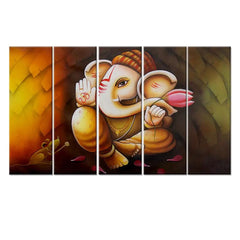Lord Ganesha Canvas Print 5 Pieces Framed Canvas Wall Painting for Living Room, Bedroom, Office Wall Decoration (24" x 8" Each Panel)