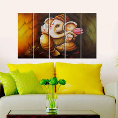 Lord Ganesha Canvas Print 5 Pieces Framed Canvas Wall Painting for Living Room, Bedroom, Office Wall Decoration (24" x 8" Each Panel)
