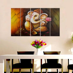 Lord Ganesha Canvas Print 5 Pieces Framed Canvas Wall Painting for Living Room, Bedroom, Office Wall Decoration (24" x 8" Each Panel)
