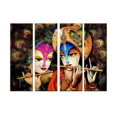 Madhubani style Multiple Attractive MDF Frames Split Art Texture Radha Krishna Canvas Wall Painting for Living Room, Bedroom, Office Wall Decoration (18" H x 8" W x 4 panels)
