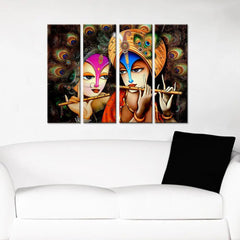 Madhubani style Multiple Attractive MDF Frames Split Art Texture Radha Krishna Canvas Wall Painting for Living Room, Bedroom, Office Wall Decoration (18" H x 8" W x 4 panels)
