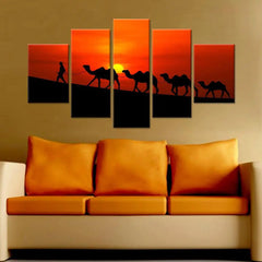 Rajasthani Camel Sunset 5 Pieces Abstract Scenery Canvas Framed Wall Painting for Living Room, Bedroom, Office Wall Decoration