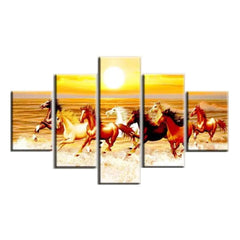 Sunset Gallop Running 7 Horse Multi Framed Canvas Wall Painting with Sunset for Home and Office Décor