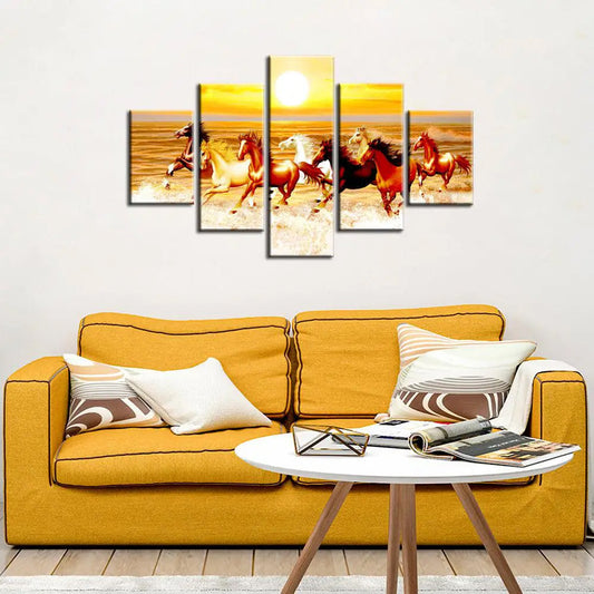 Sunset Gallop Running 7 Horse Multi Framed Canvas Wall Painting with Sunset for Home and Office Décor
