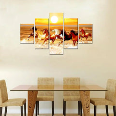 Sunset Gallop Running 7 Horse Multi Framed Canvas Wall Painting with Sunset for Home and Office Décor