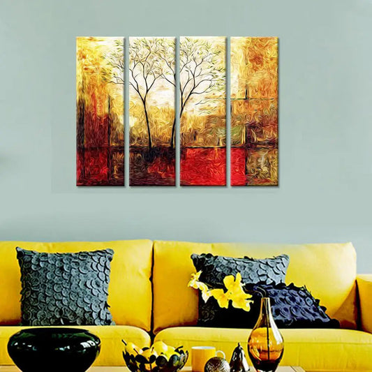 Twin Tree Sepia Scenery Canvas Printed Painting 4 Pieces Wall Painting with Wooden Framed for Living Room, Bedroom, Office Decoration (24" x 8" Each Panel)
