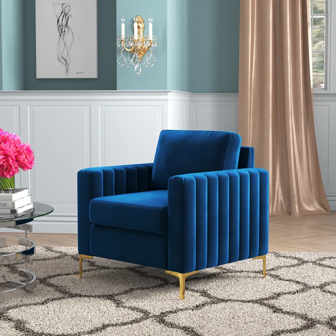 CreativeDecore Velvet Rafeal  Accent Chair/Lounge Chair for  Living Room, Bedroom, Armchair Sofa Chair with Gold Legs.
