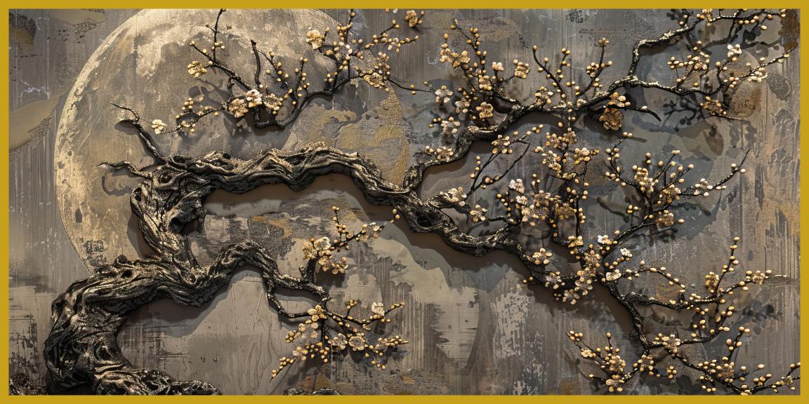 Ancient gold plum tree blossoms full moon, moon night with butterfly mural background: Wall Paintings by Creative Decor