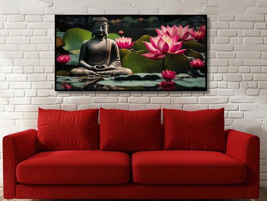 Buddha Ji Sitting in Water with Many Lotus Flowers