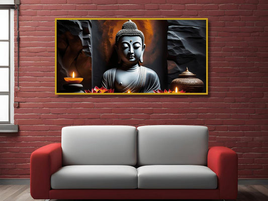 "Buddha Statue with Rock Wall Background - Serene Home Decor"