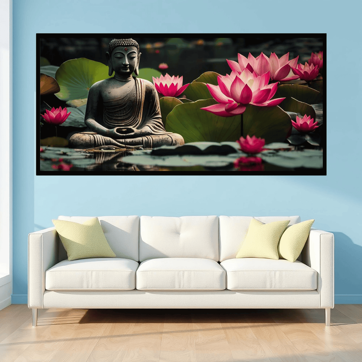 Buddha Ji Sitting in Water with Many Lotus Flowers