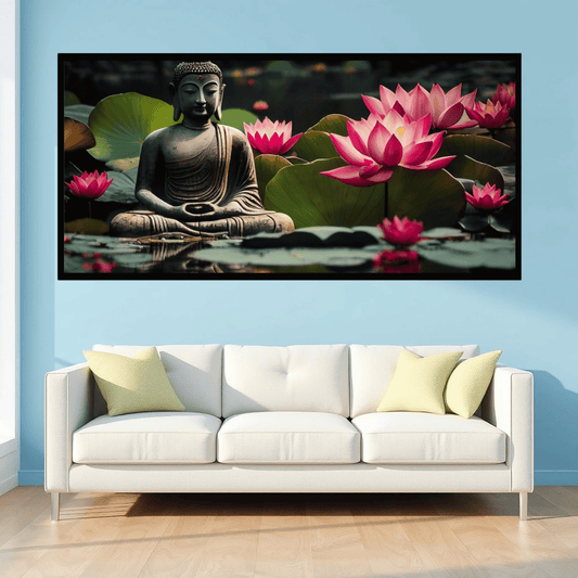 Buddha Ji Sitting in Water with Many Lotus Flowers