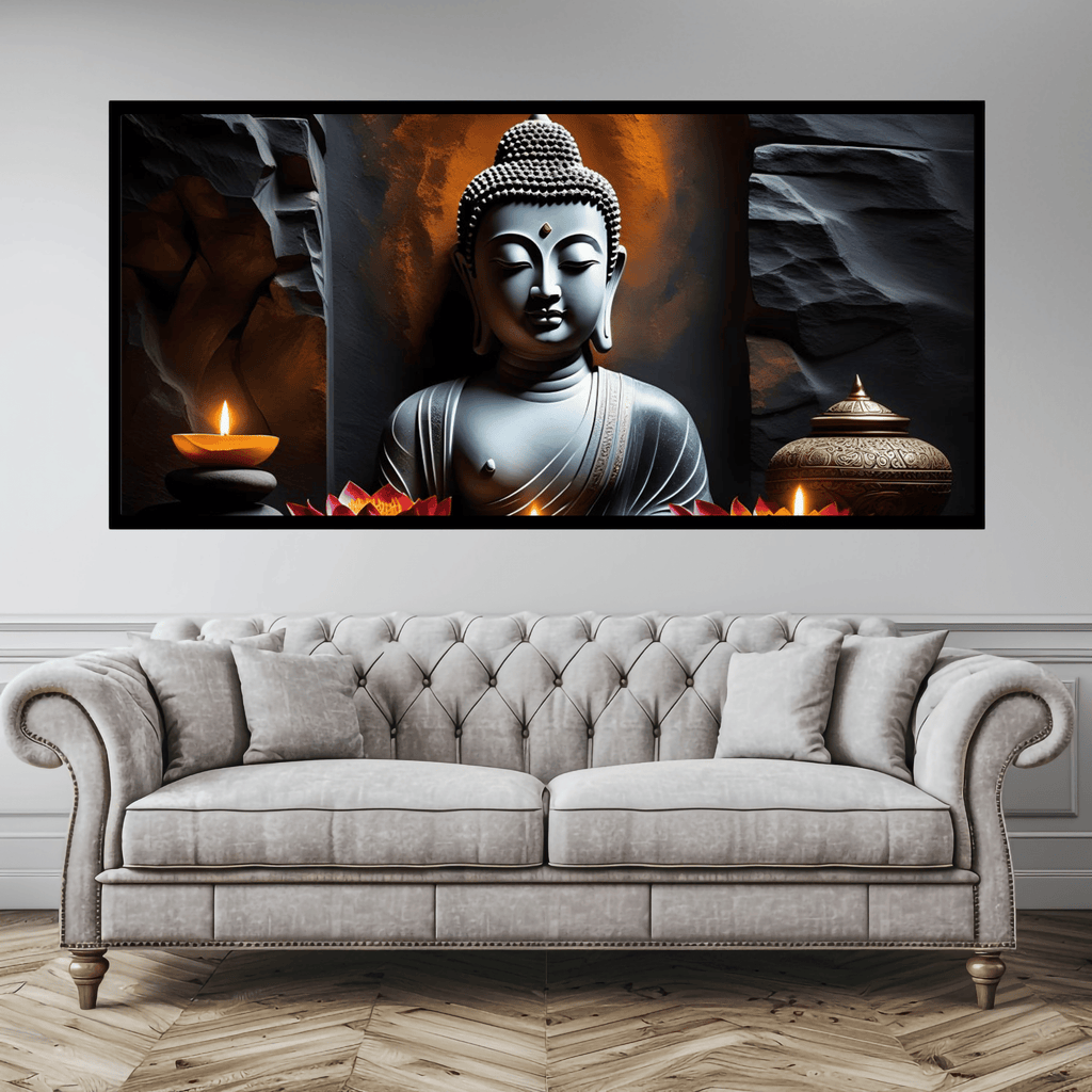 "Buddha Statue with Rock Wall Background - Serene Home Decor"