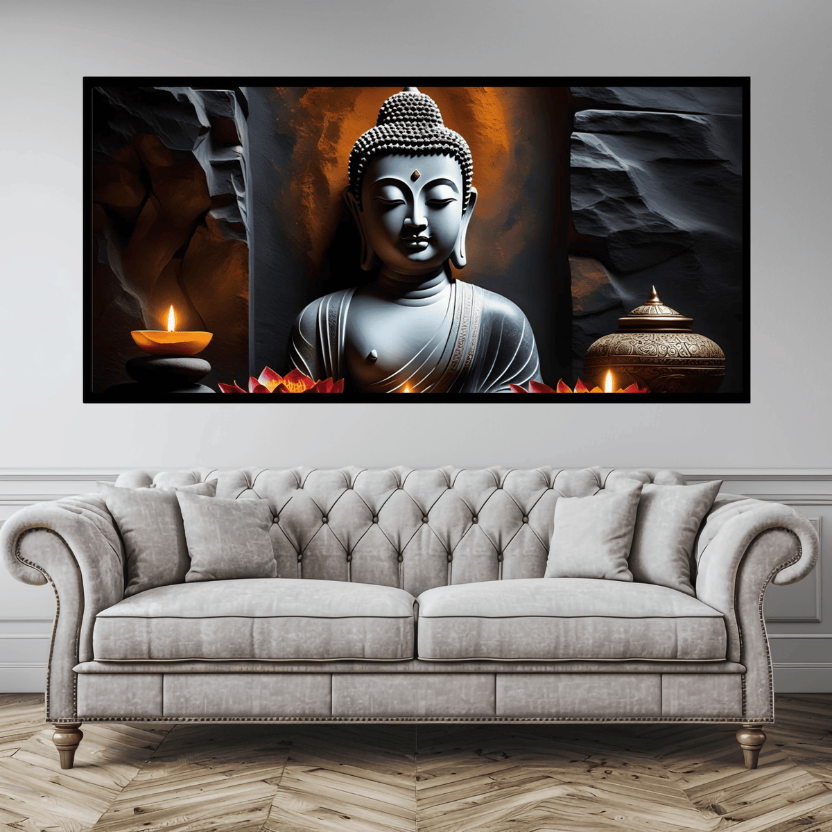 "Buddha Statue with Rock Wall Background - Serene Home Decor"