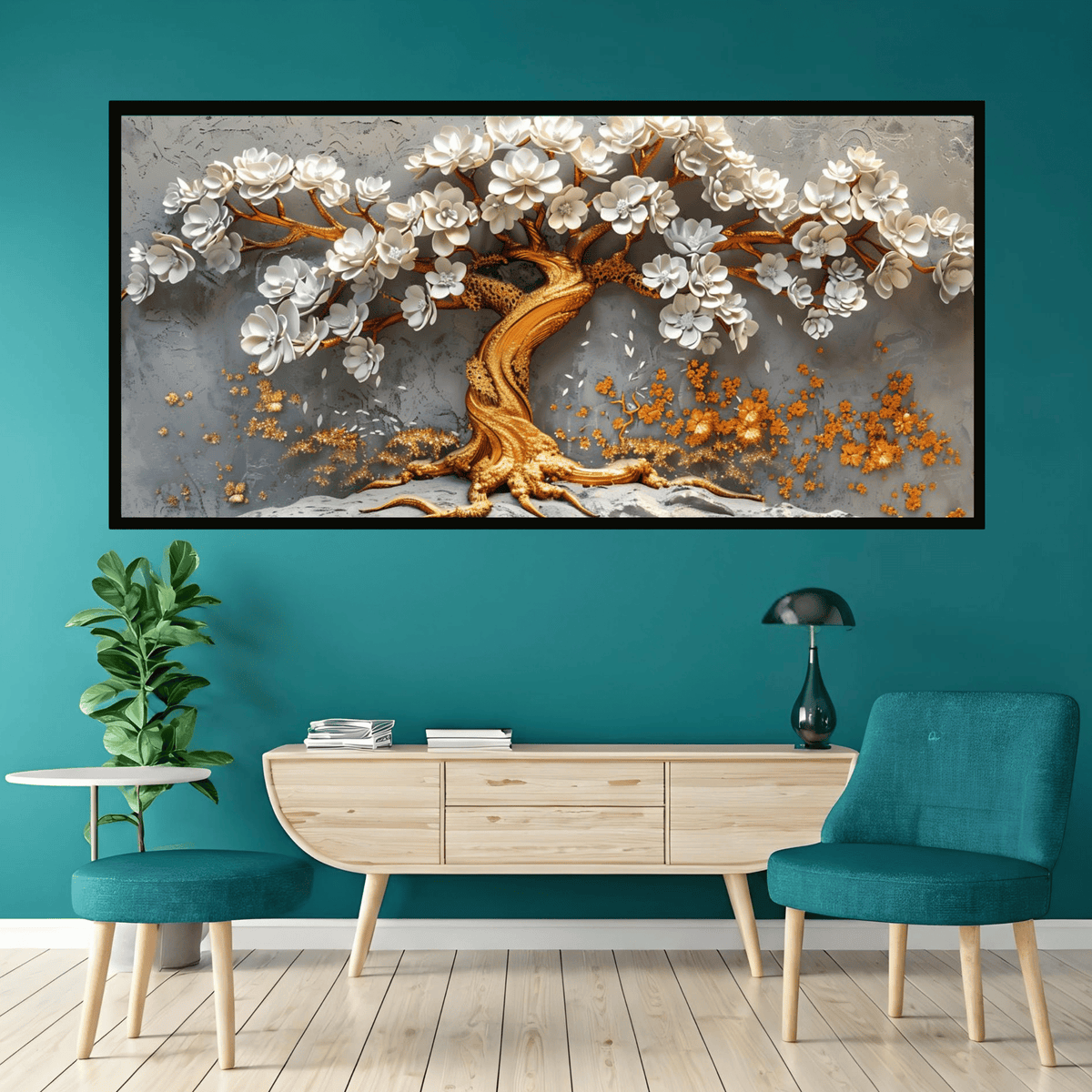 Golden Tree With White Flower: Wall Paintings by Creative Decor