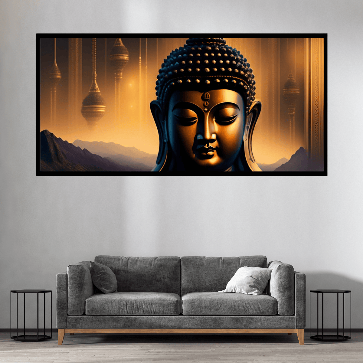 "Beautiful Buddha Statue with Mountain Scenery - Tranquil Decor for Home or Garden"