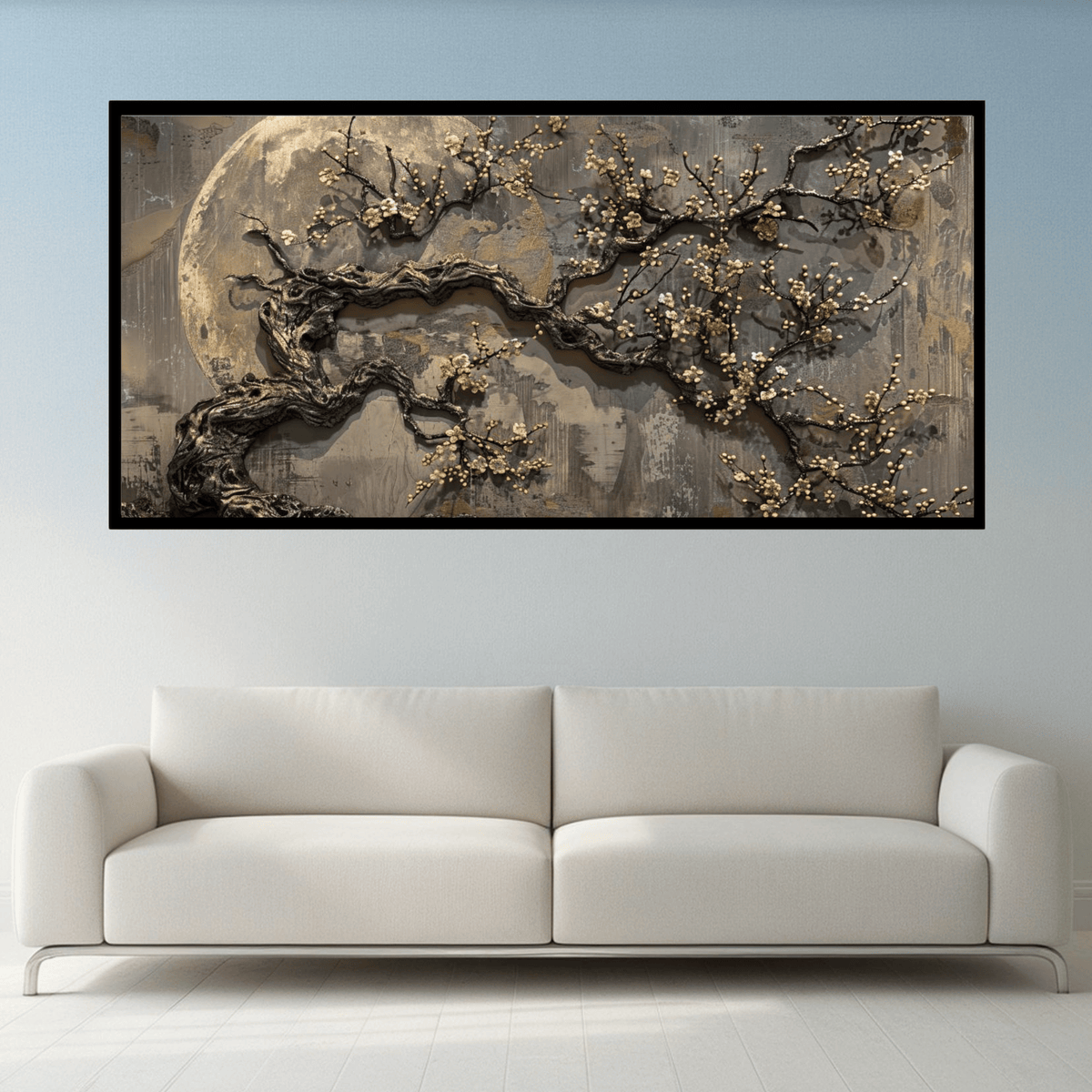 Ancient gold plum tree blossoms full moon, moon night with butterfly mural background: Wall Paintings by Creative Decor