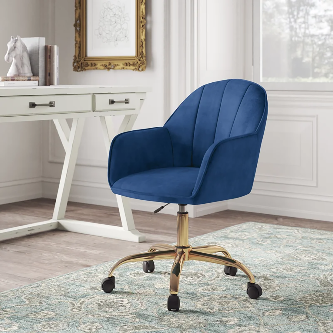 CreativeDecore Blue Auroratask Swivel Office Chair with Gold Base | Study & Work Armchair for Home and Office