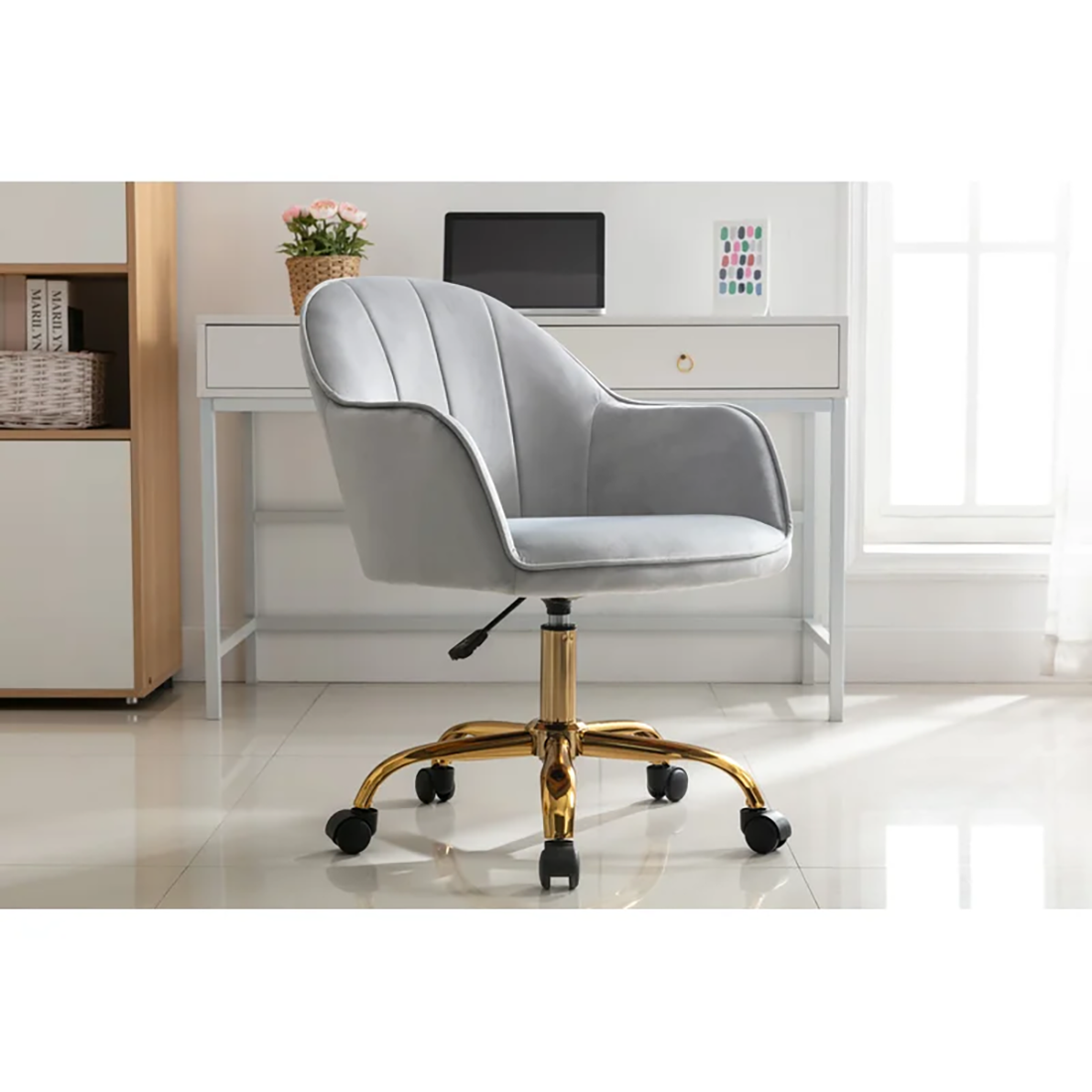 Comfy CreativeDecore Silver Auroratask Chair | Study, Office Swivel Chair with Gold Base & Armrests