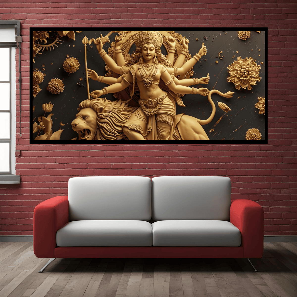 Divine Many-Hand Mata Rani Statue Sitting on Lion – Goddess Durga Idol for Worship.