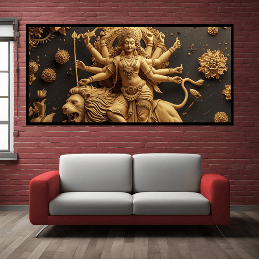 Divine Many-Hand Mata Rani Statue Sitting on Lion – Goddess Durga Idol for Worship.
