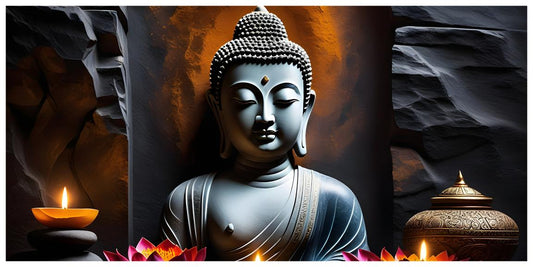 "Buddha Statue with Rock Wall Background - Serene Home Decor"