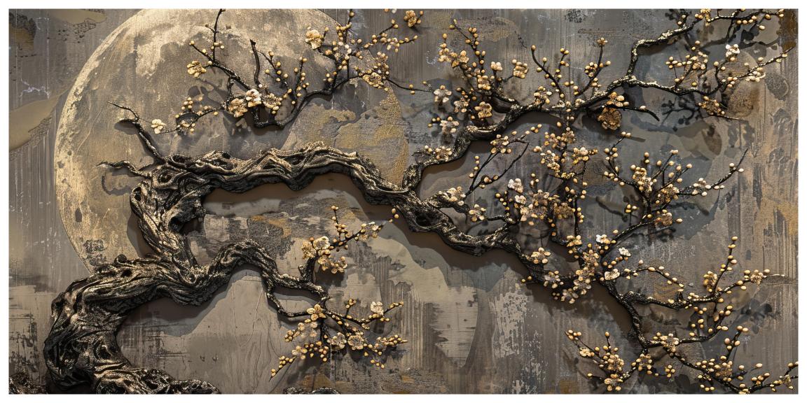 Ancient gold plum tree blossoms full moon, moon night with butterfly mural background: Wall Paintings by Creative Decor