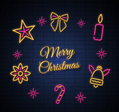 Neon Light 'Merry Christmas' with Yellow and Purple Decorations"