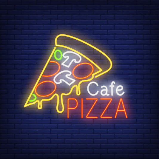 "Neon Lights Pizza Cafe - Vibrant Pizza Joint with Colorful Neon Signage"