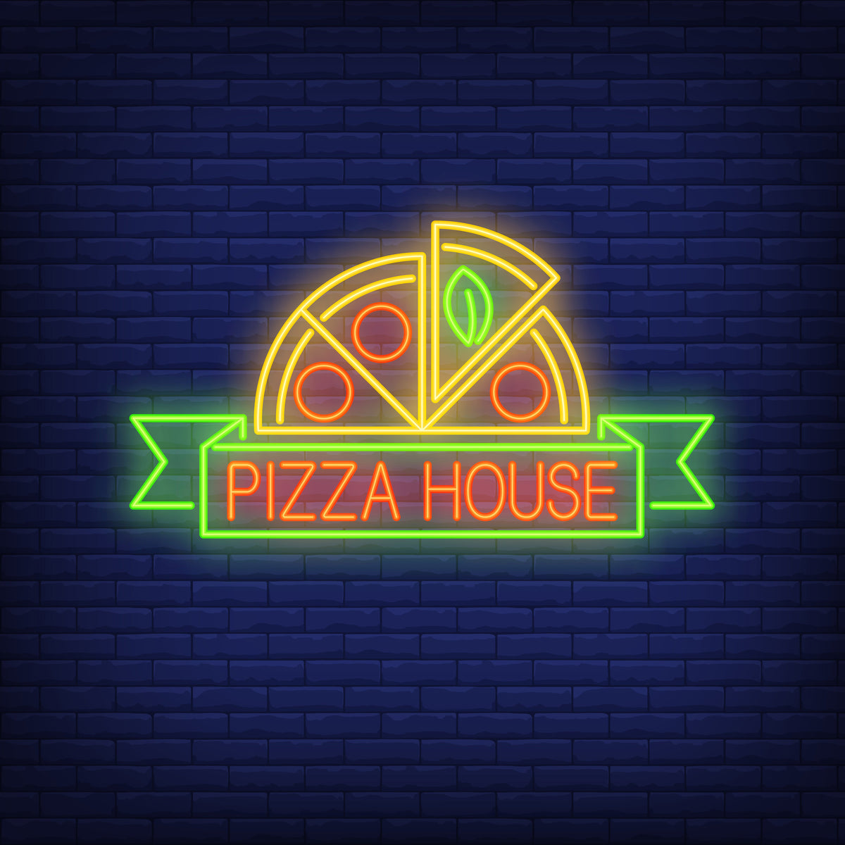 Neon Lights Pizza House with Sliced Pizza