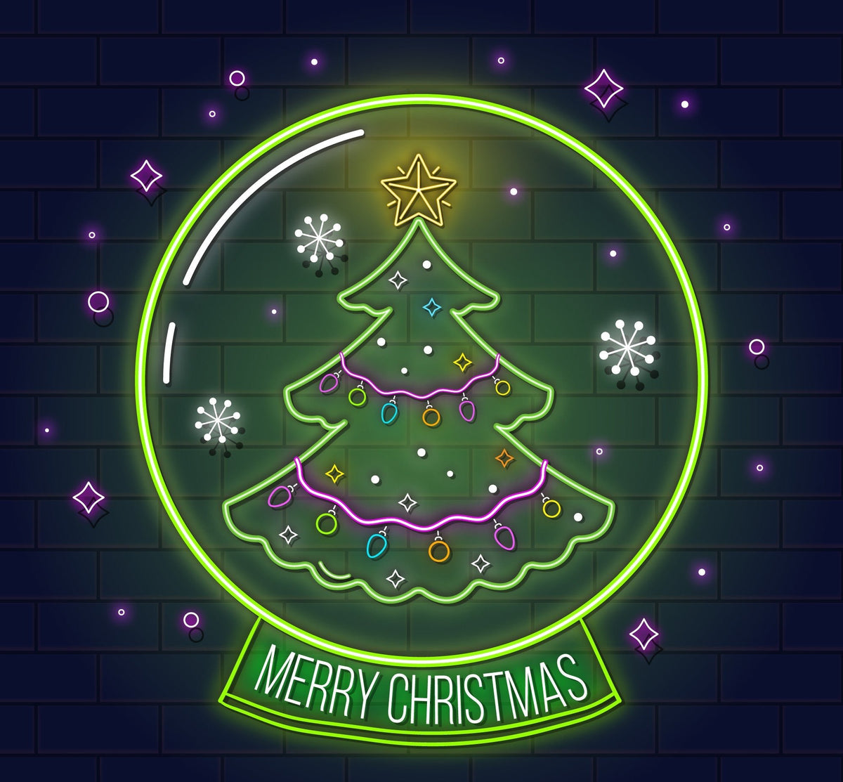 "Neon Light 'Merry Christmas' in Circle with Green Christmas Tree - Festive Holiday Decor"