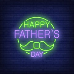 Neon Lights Happy Father's Day with Moustache in Circle - Green Color