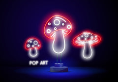 : Colorful Neon Lights Mushroom Decor with Red Accents