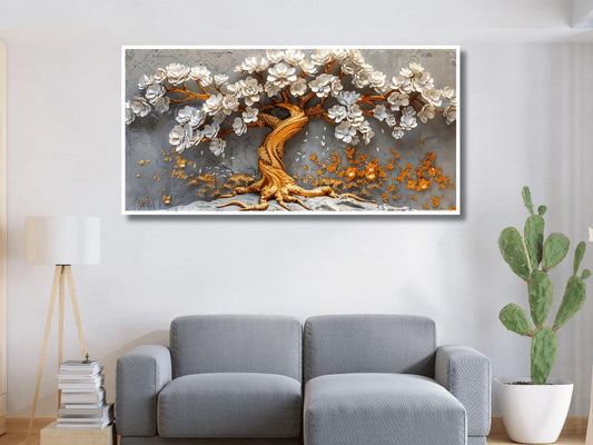 Golden Tree With White Flower: Wall Paintings by Creative Decor