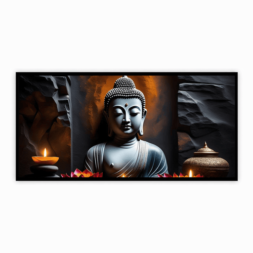 "Buddha Statue with Rock Wall Background - Serene Home Decor"