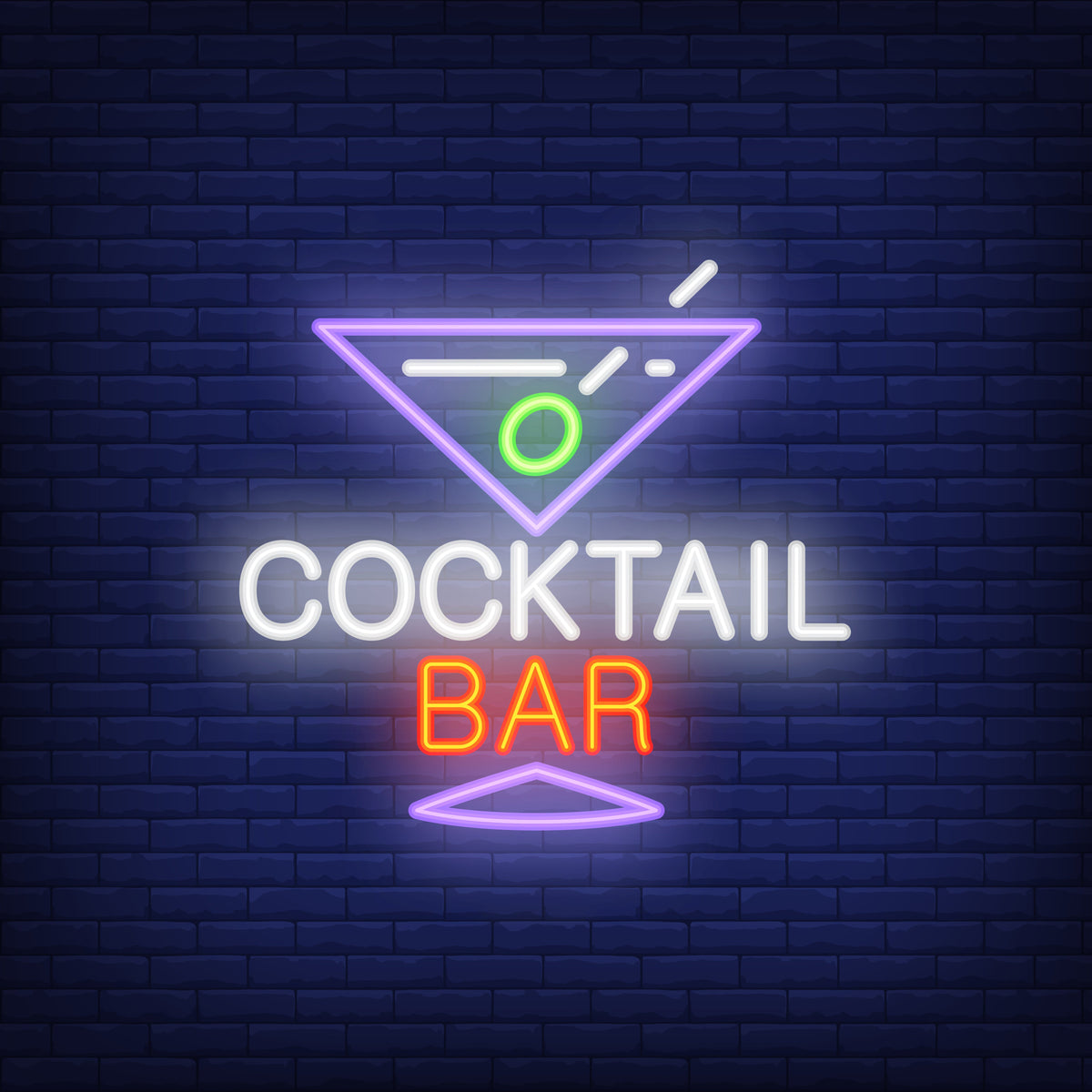 Neon Lights Cocktail Bar Sign with Glass, Lemon, and Straw Design