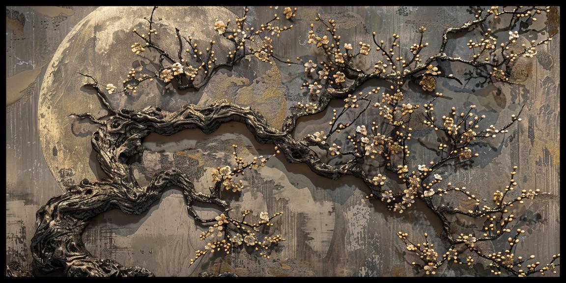 Ancient gold plum tree blossoms full moon, moon night with butterfly mural background: Wall Paintings by Creative Decor