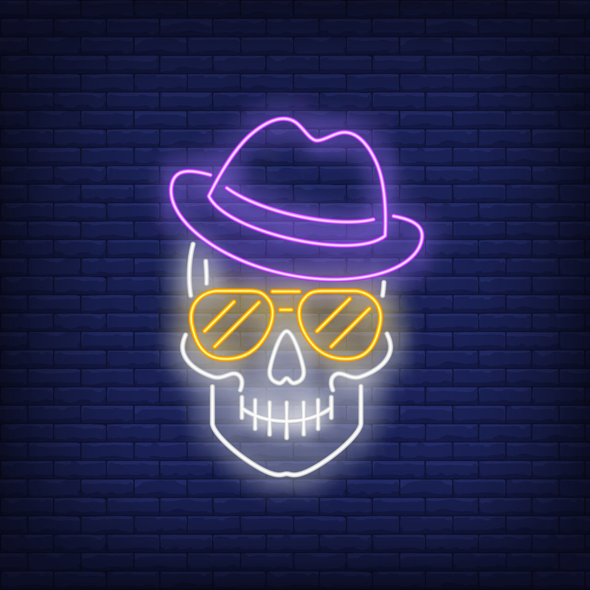 Neon Light Skeleton Wearing Sunglasses & Hat