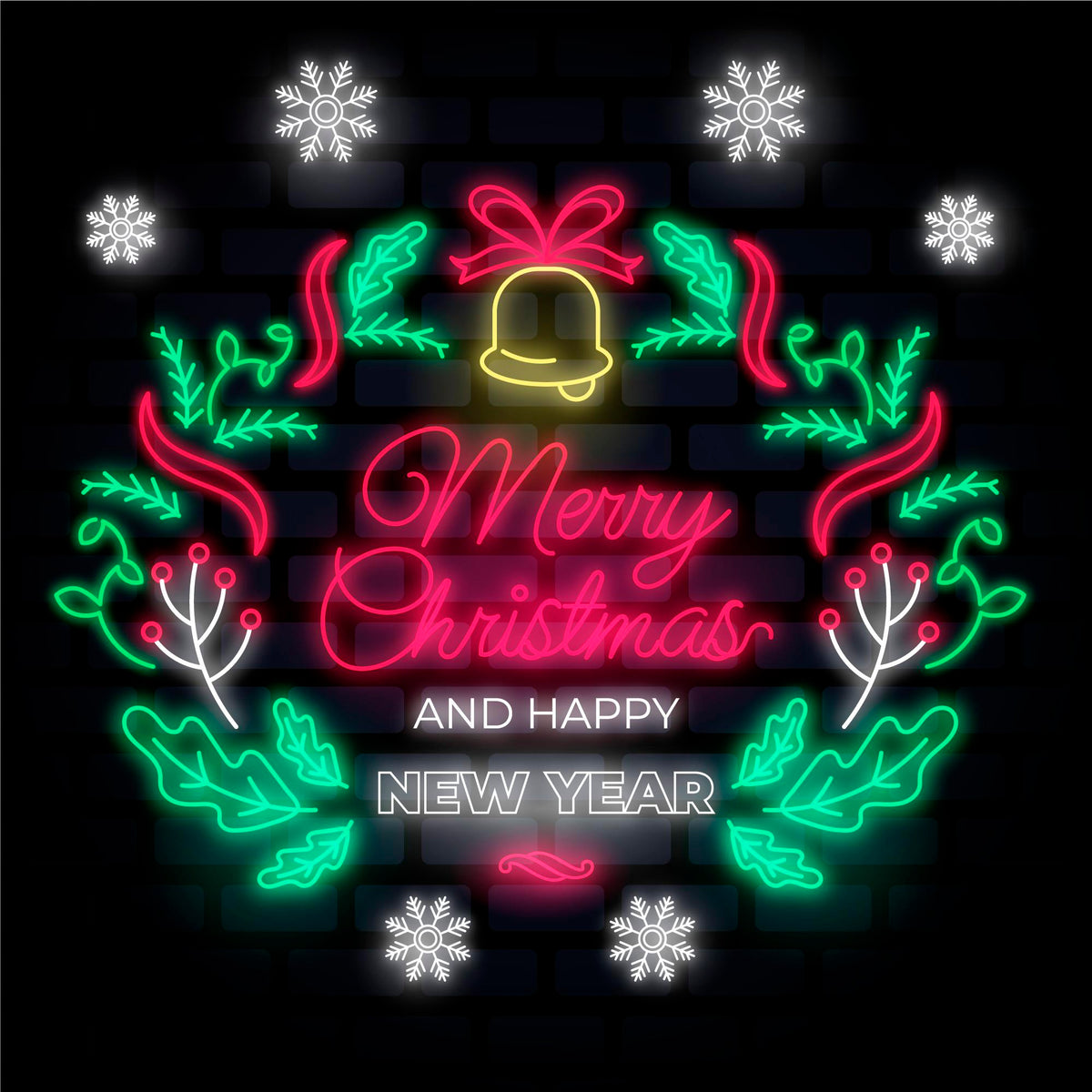 Neon Lights - Merry Christmas Wreath Circle Design with Bell