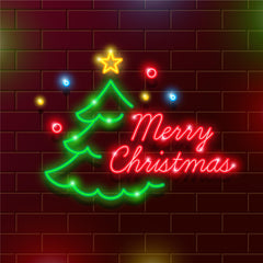 Neon Lights "Merry Christmas" with X-Mas Tree - Red and Green Colors